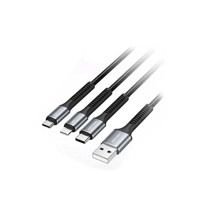 VENTION H18BAV COTTON BRAIDED USB2.0 MALE TO 3IN1 USB-C | MICRO B | LIGHTNING MALE 2A CABLE 1.2M - Vention PC PARTS | Buy at UniPC